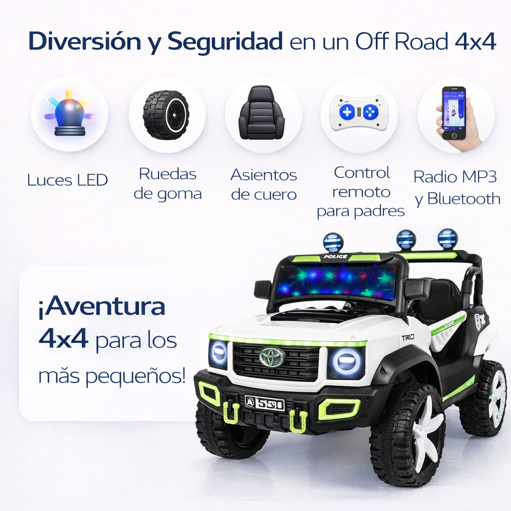 Carro a Batería Toyota Off Road 4x4 para Niños | Luces LED, Bluetooth y Control Parental