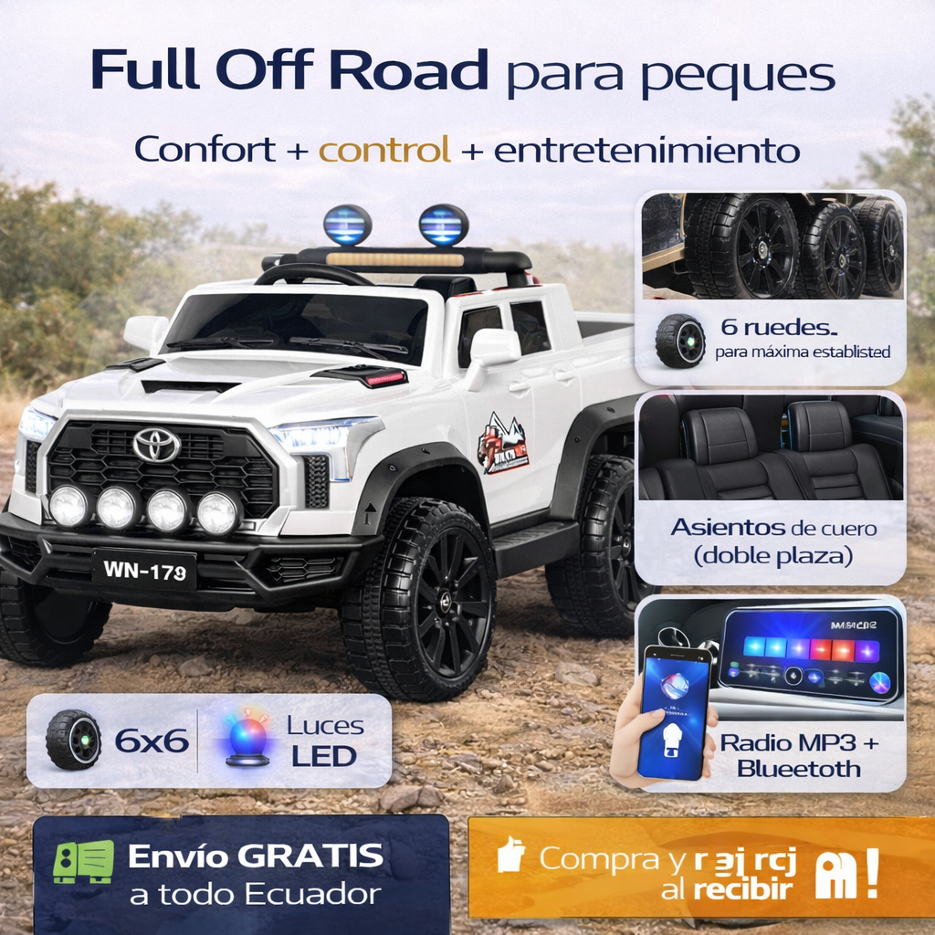 Carro a Batería Toyota Tundra 6x6 para Niños | Luces LED, Ruedas de Goma, Bluetooth y Control Remoto