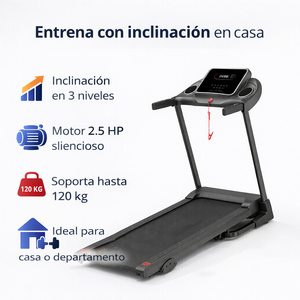 Caminadora Plegable Eléctrica 12 km/h | Inclinación 3 Niveles | Motor 2.5 HP Silenciosa
