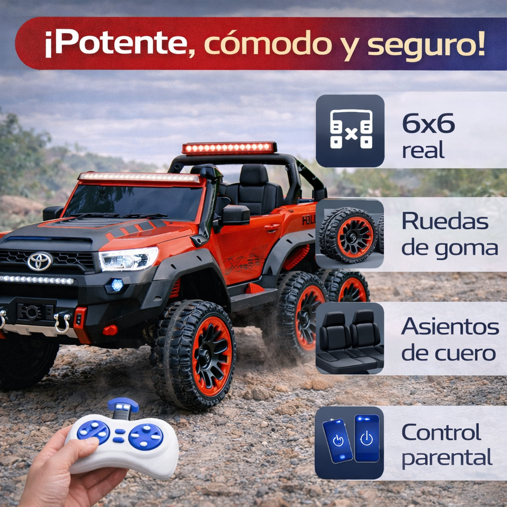Carro a Batería Toyota Hilux 6x6 para Niños | Luces LED, Control Parental, Bluetooth y Asientos de Cuero