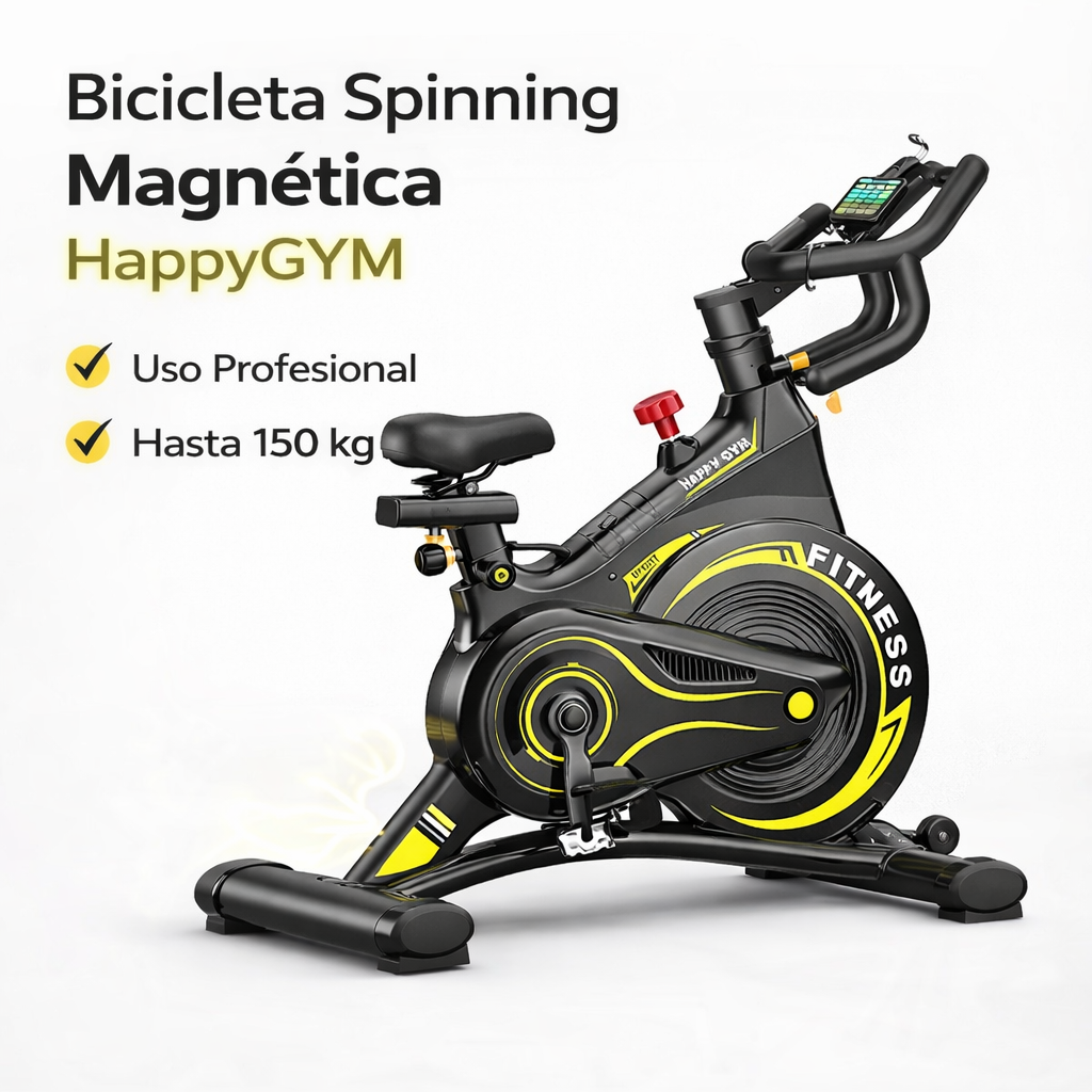 Bicicleta Spinning Magnética HappyGYM Profesional | Volante 20 kg | Soporta 150 kg