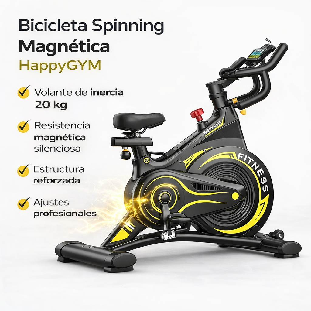 Bicicleta Spinning Magnética HappyGYM Profesional | Volante 20 kg | Soporta 150 kg
