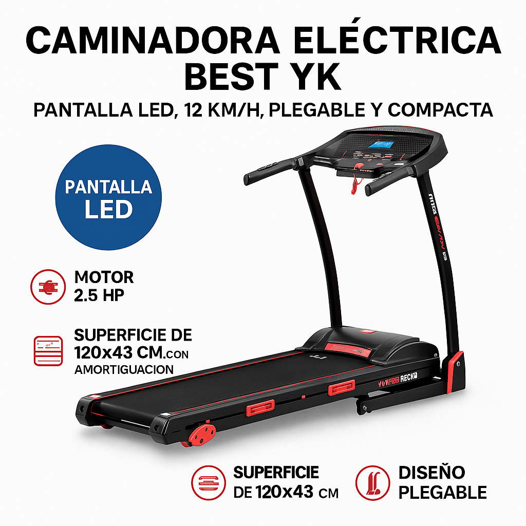 Caminadora Eléctrica BEST YK | Pantalla LED, 12km/h, Plegable y Compacta