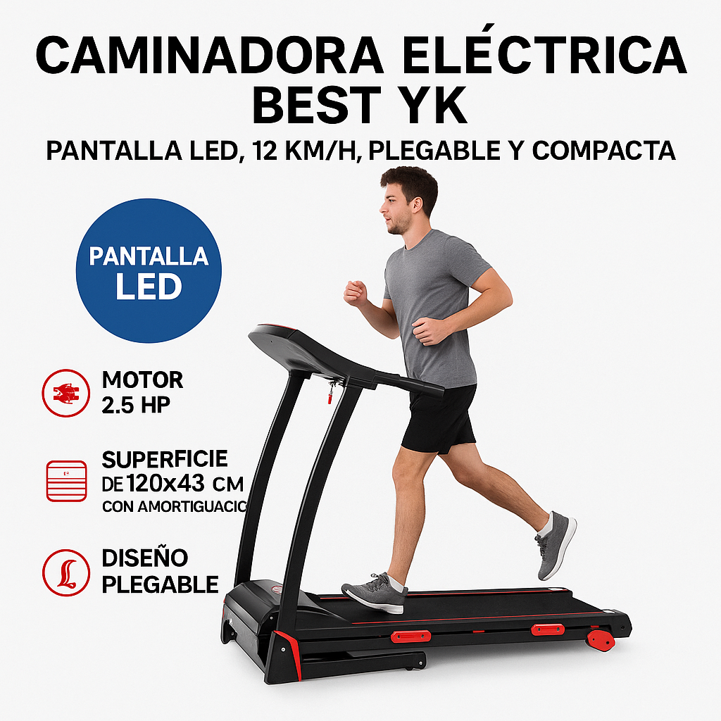 Caminadora Eléctrica BEST YK | Pantalla LED, 12km/h, Plegable y Compacta