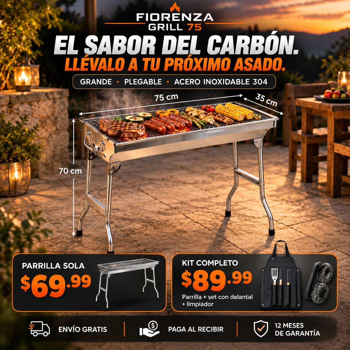 Parrilla Grande Plegable FIORENZA GRILL 75 | Acero Inoxidable 304
