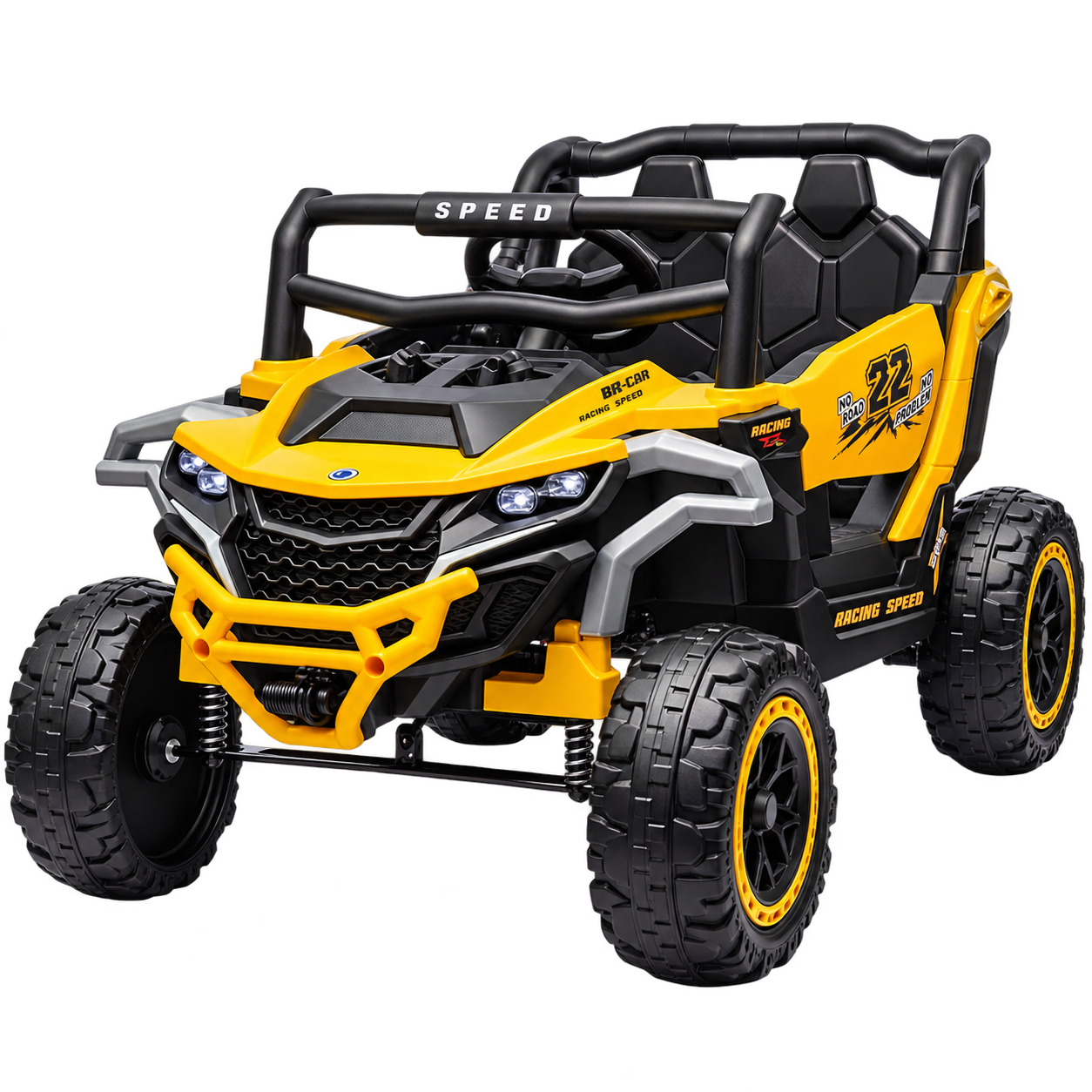 Carrito eléctrico BRAVOX UTV amarillo, vista de tres cuartos