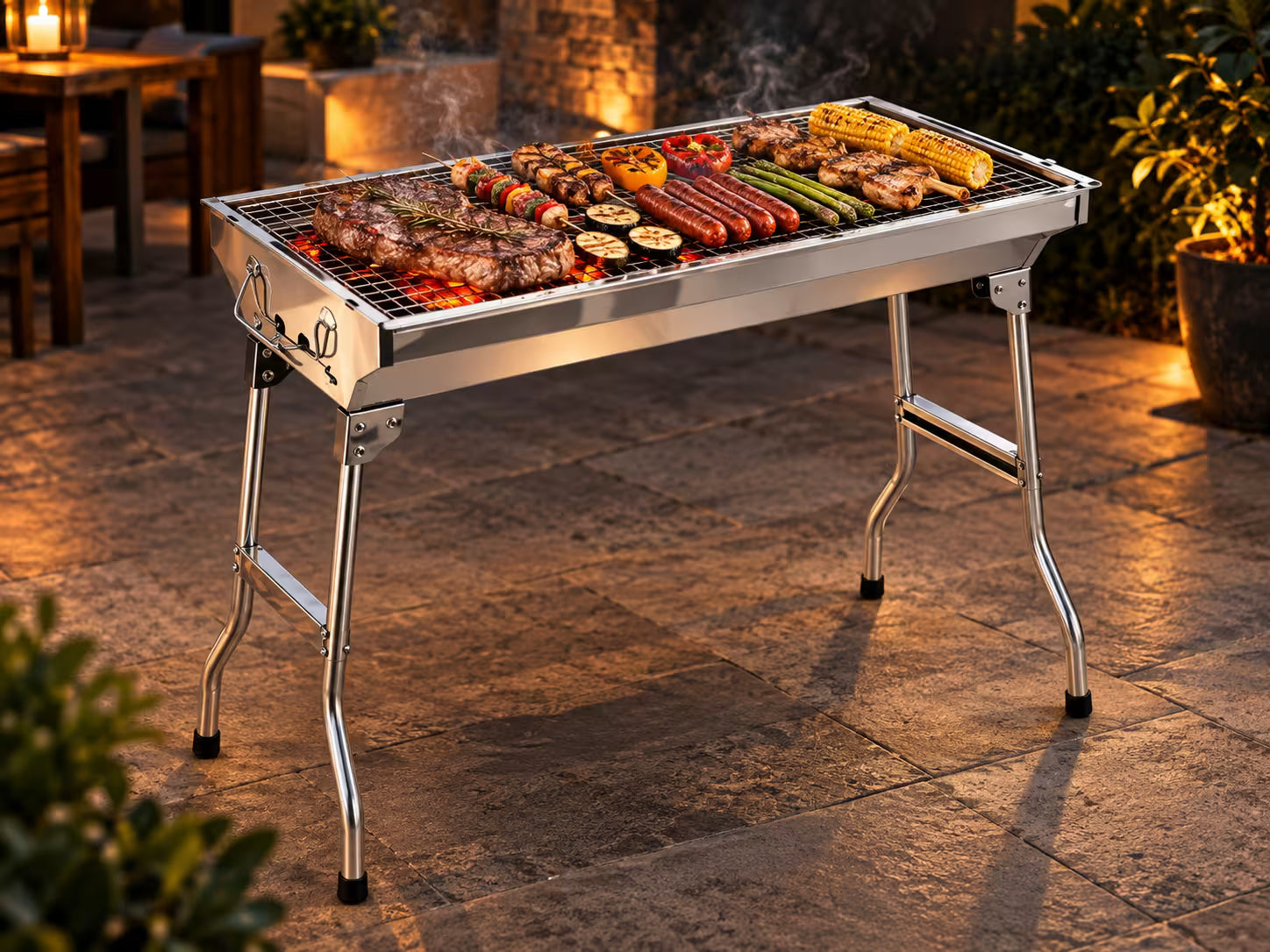 Parrilla FIORENZA GRILL 75 abierta en un patio, preparada para un asado